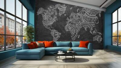 Doodle world map on a chalkboard background. Hand-drawn continents. Vector illustration. Ethnic patterns. Wall mural