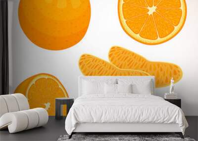 Set of vector orange. Whole, sliced, half of a orange fruit isolated on white background. Vector illustration. Wall mural