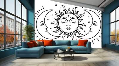 Sun and two moon with faces. Celestial design. Vector silhouette illustration. Symbols of magic and alchemy. Boho mystical sign. Witchy print. Wall mural