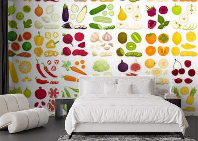 Vector set of products. A variety of vegetables, fruits and berries in a cartoon style. Sliced, whole, half, chopped and slices of different foods. Wall mural