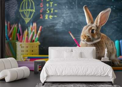 Cute bunny rabbit holding a pencil in front of a chalkboard with school supplies. Wall mural