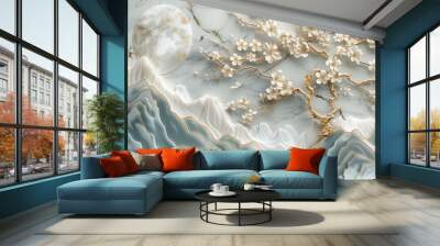 3D wallpaper with a white tree and golden leaves, a marble background with a landscape. Wall mural