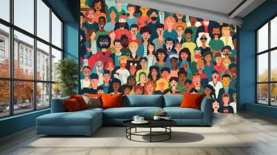 A diverse crowd of people from different ethnicities and ages were depicted in a vector illustration with flat design. Wall mural