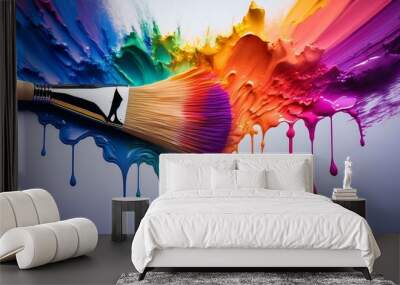 A kaleidoscope of vibrant colors pouring from a paintbrush, fantastical scene. Wall mural