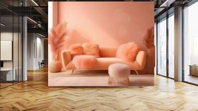 A stylish room interior using Peach Fuzz accents on walls, furniture, and decor, creating a warm and contemporary living room Wall mural