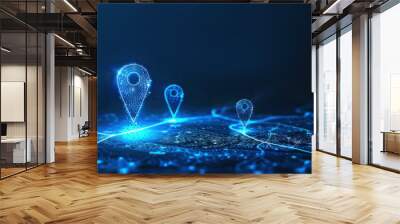 Abstract blue location point or map pin on path digital marketing technology tech innovation. Wall mural