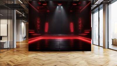 Big stage with red neon light luminance background. Wall mural