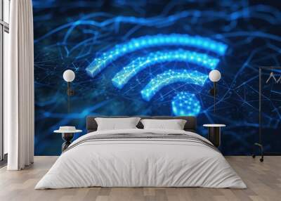 Blue glowing wifi icon on dark background. Technology concept. 3D Rendering Wall mural