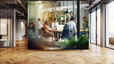 Blurred office interior space background with people working and meeting on table. Business concept.  Wall mural