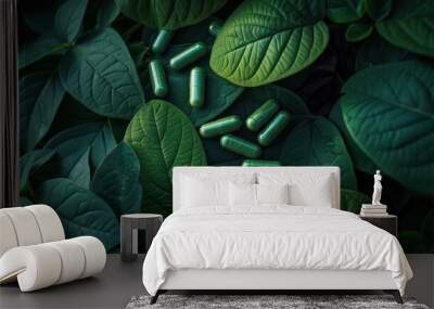 Close up of green multivitamin and other natural plant based supplement pills. Wall mural