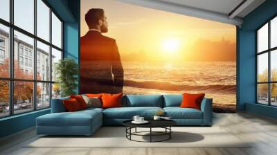 Freedom wealth on the beach, financial planning, businessman, warm tones, Double exposure silhouette with sunset Wall mural