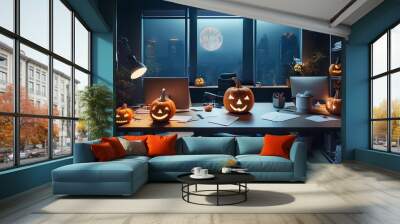 Halloween-themed workspace, no people, dark office interior with glowing jack-o'-lanterns, ghost decorations business Wall mural