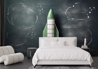 Hand drawn rocket science on green chalkboard background. Back to school concept banner graphic design. Wall mural