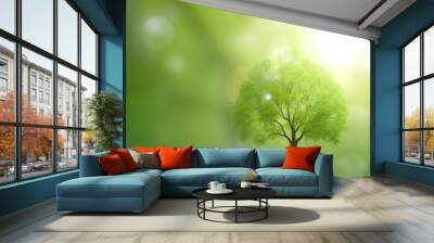 Hand holding tree on blur green nature background. Green environment earth day concept. Generative ai. Wall mural