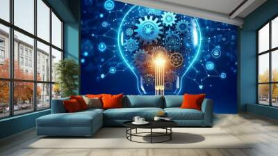 Lightbulb made of interconnected gears and icons representing business and creativity, complex ideas, mechanical creativity thinking blue color Wall mural