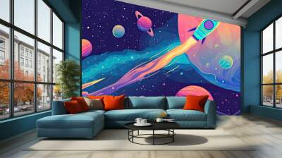 Pastel cute abstract background of galaxy planet and rocket. Wall mural