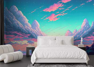 Pastel sweet blue pink sky pixel art style. background with copy space generative ai. Wall mural