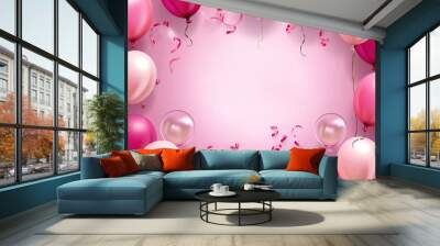 Pink balloons frame with copy space for text. Happy birtday anniversary celebration concept. Wall mural