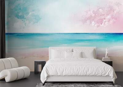 Realistic Sea beach background in watercolor style pink pastel color tone. Generative ai. Wall mural