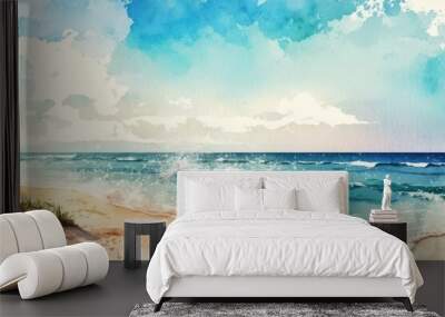 Realistic Sea beach background in watercolor style pink pastel color tone. Generative ai. Wall mural