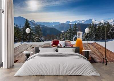 romantic breakfast, snowy mountain view with food, camping in nature, hotel breakfast sunlight Wall mural