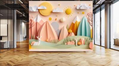 Spring season nature plant and birds on white background in pastel color and paper craft style. Generative ai. Wall mural