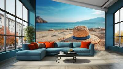 Summer composition on sandy beach with hat at blue sea as background. Summer vacation concept. Wall mural