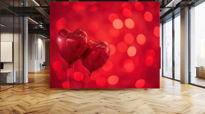 Two red heart shaped balloons on red background with bokeh lights. Valentine's Day celebration, love, romantic greeting background Wall mural