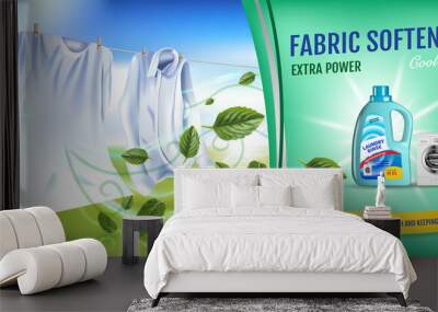 Mint fragrance fabric softener gel ads. Vector realistic Illustration with laundry clothes and softener rinse container. Horizontal banner Wall mural