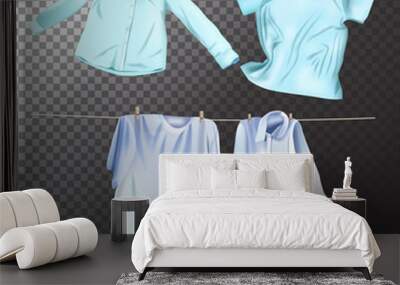 Set of realistic clean laundry clothes. Vector isolated clothes objects on transparent background Wall mural