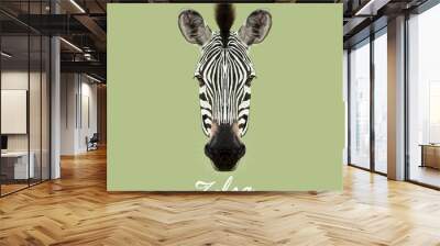 Zebra wild animal face. Vector cute African safari black and white Zebra head portrait. Realistic fur portrait of beautiful striped savannah Zebra on green background. Wall mural