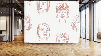 Fashion female faces with different hairstyle seamless vector pattern Wall mural