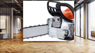 Modern new motor chain saw front side view isolated Wall mural