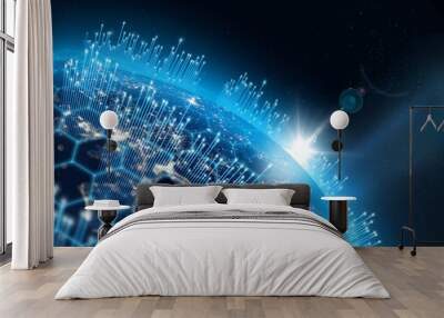 Planet Earth, city lights and cellular digital network growing binary data Wall mural