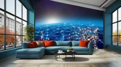 Planet Earth, city lights and worldwide digital network infrastructure concept Wall mural