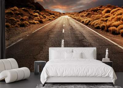 Road through sunset desert Wall mural