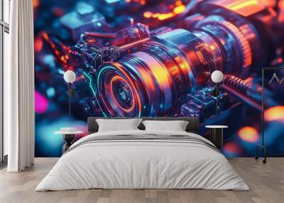 3D illustration, Futuristic engine powertrain in neon glow Wall mural