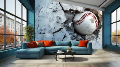 A baseball has broken through a cracked on the wall leaving a hole and debris Wall mural