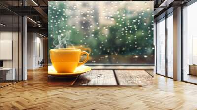 A coffee cup or hot tea on a rainy day. Relaxing, Rest, Aromatic, Rainy day Wall mural