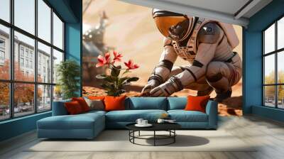 An astronaut in spacesuit carefully planting a small tree on Mars, Exploration, and the beginning of life on Mars Wall mural