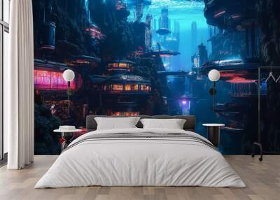 An underwater futuristic town with environment includes advanced technology, aquatic flora, and diverse marine life Wall mural