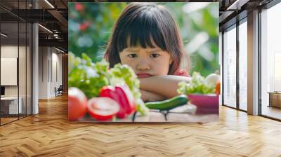 Asian little girl frowning unhappy and don't like eating vegetables Wall mural