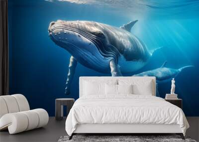 Baby humpback whales play near the surface in the blue water. Humpback whale in pacific ocean Wall mural