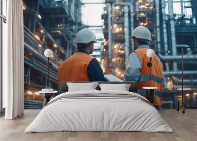 Back view of two industry engineer working and discussing at front oil and gas industrial factory Wall mural