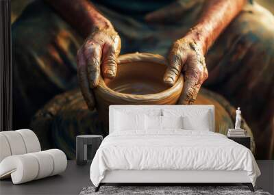 Close up hands of potter making ceramic pot on the pottery wheel Wall mural