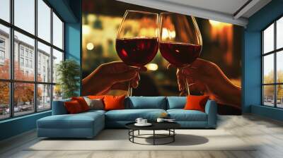 Couple in love drinking wine. Romantic date with glasses of red wine at restaurant. Cheers. Clinking glasses with alcohol and toasting, party	 Wall mural