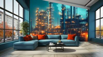 Futuristic power plant station, oil and gas refinery, Hydrogen power plant, large steel tanks and pipes Wall mural