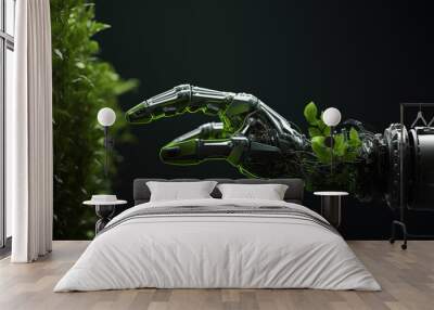 Green technology conceptual design, human arm covered with grass and lush and robotic hand, 3d render Wall mural