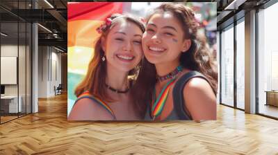 Happy smiling young woman lesbian couple with lgtbq flags celebrating gay pride month together. Lesbian couple raising a rainbow flag at a gay pride parade celebrating pride month. LGBTQ+, Lesbian Wall mural