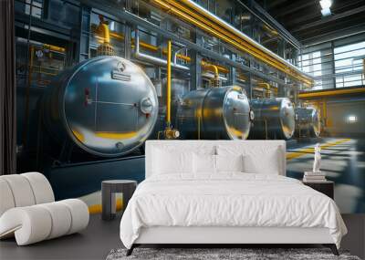 Interior of modern industrial boiler room with large metal tanks and pipes at industry factory Wall mural